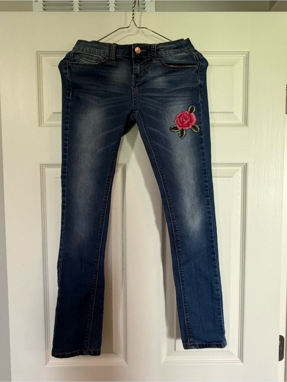 Daytrip Dark Blue Skinny Jeans with Pink Rose Patch